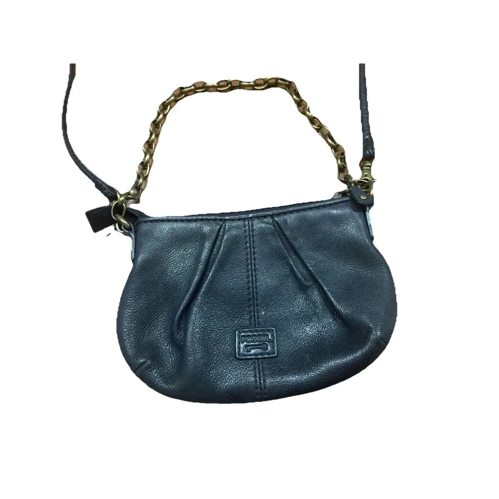 Fossil Mini Black Leather Bag Purse Chain Straps